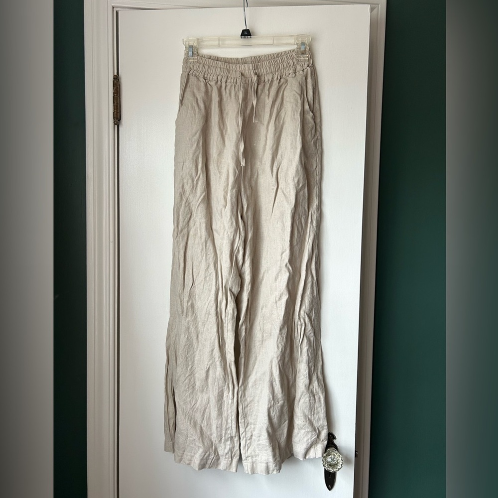 Beige 100% Linen Wide Leg Pants